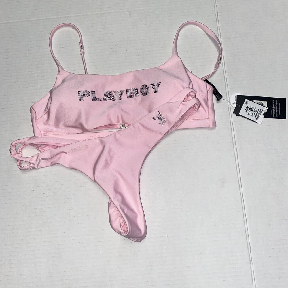 NWT Playboy Baby Pink Thong Bikini Swim Bathing Suit Set Women's Size Medium
